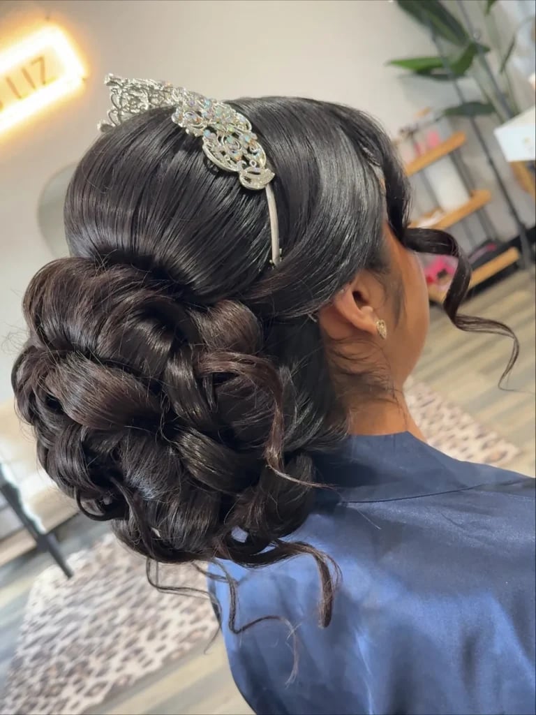 Mid-Back Dark Brown Braided Updo With Loose Curls, Layers — Classy Curly Updo