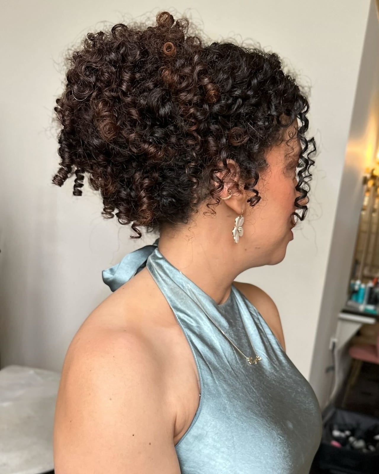 Collarbone Dark Brown Updo With Spiral Curls — Classy Curly Updo