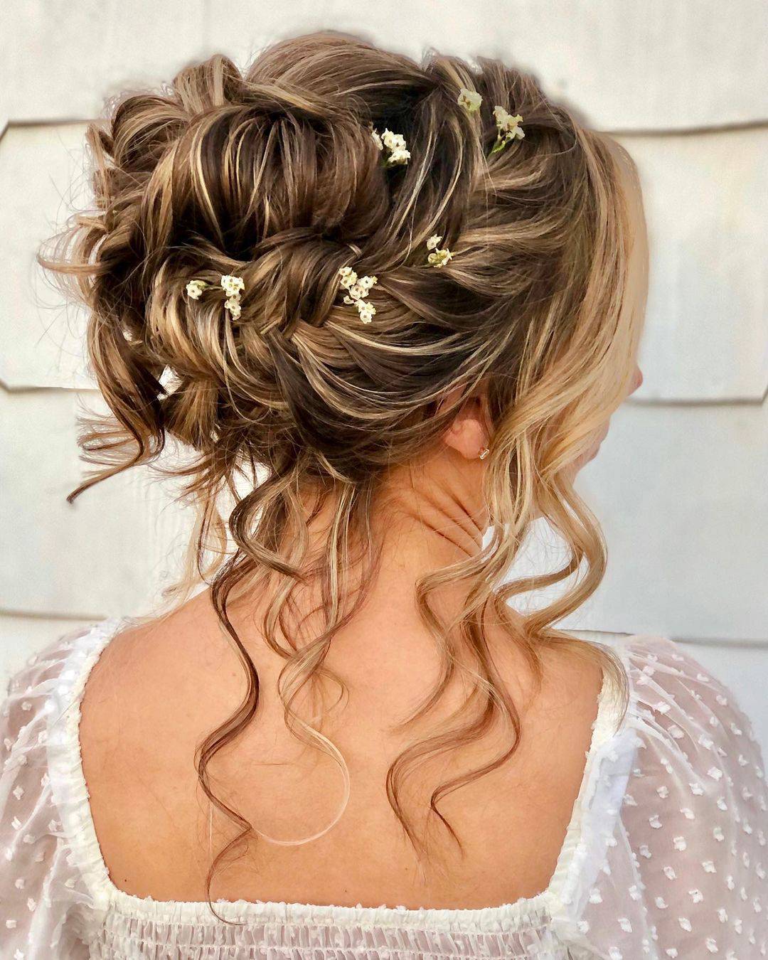 Blonde Curly Updo With Delicate White Flowers — Classy Curly Updo