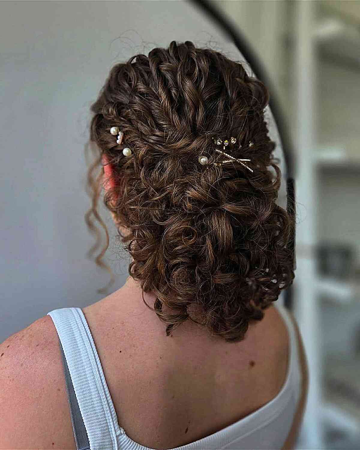 Shoulder Length Dark Brown Curly Updo With Pearl Pins — Classy Curly Updo