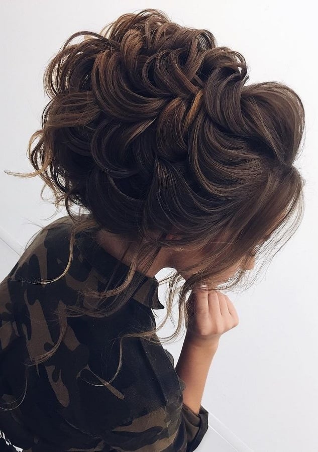 Collarbone Length Brown Updo With Voluminous Curls — Classy Curly Updo