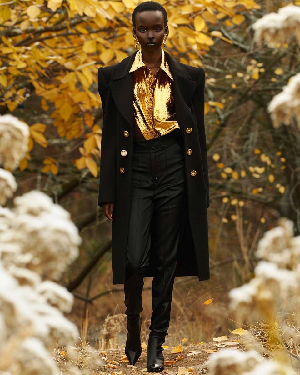 Gold Buttoned Black Coat Ensemble — Classy Dark Outfits