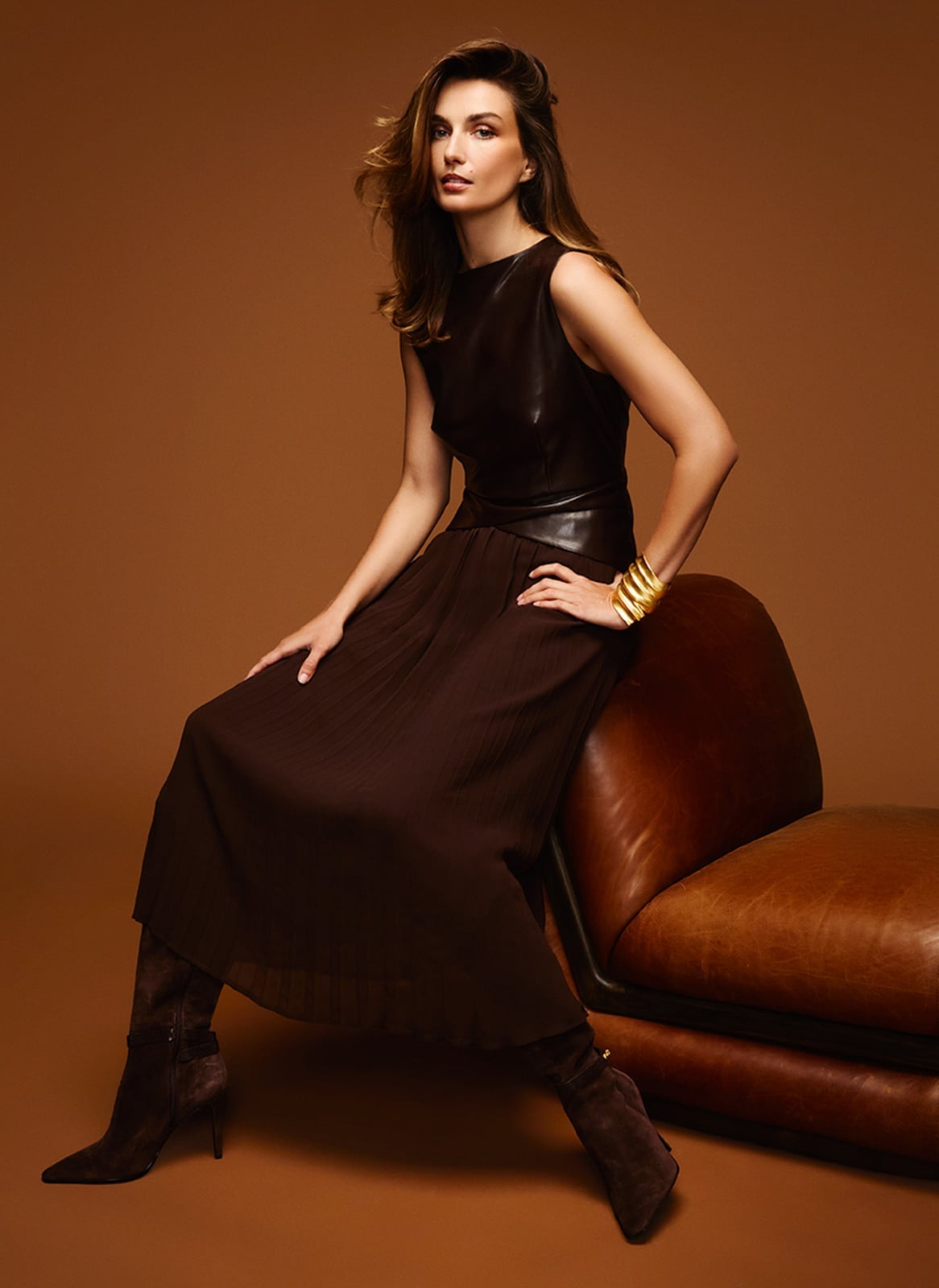 Leather Top and Pleated Midi Skirt — Classy Dark Outfits