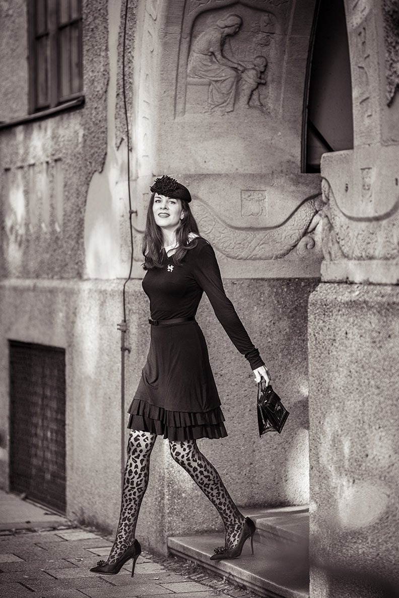 Ruffled Hem Dress with Leopard Stockings — Classy Dark Outfits