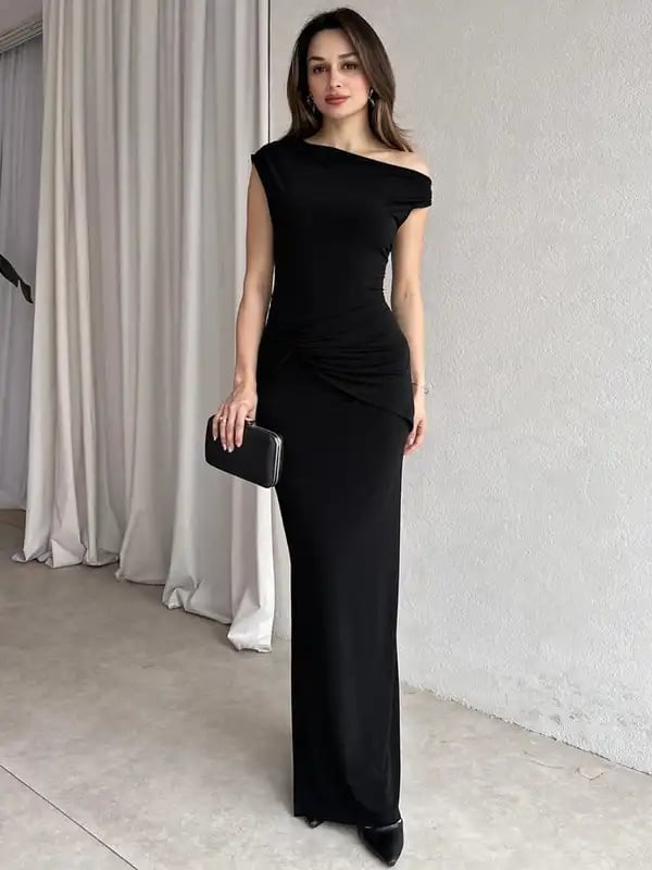 Draped Bodice Black Gown — Classy Dark Outfits
