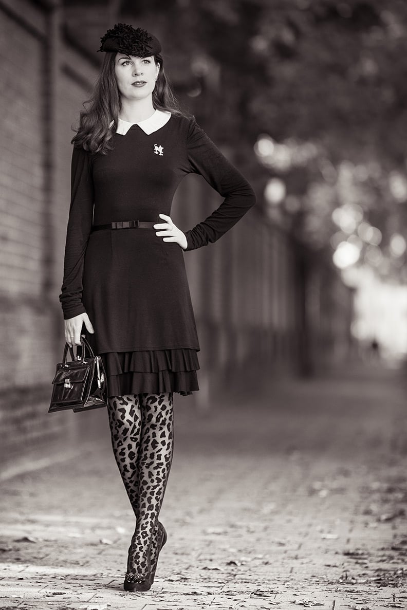 White Collar Dress with Leopard Stockings — Classy Dark Outfits