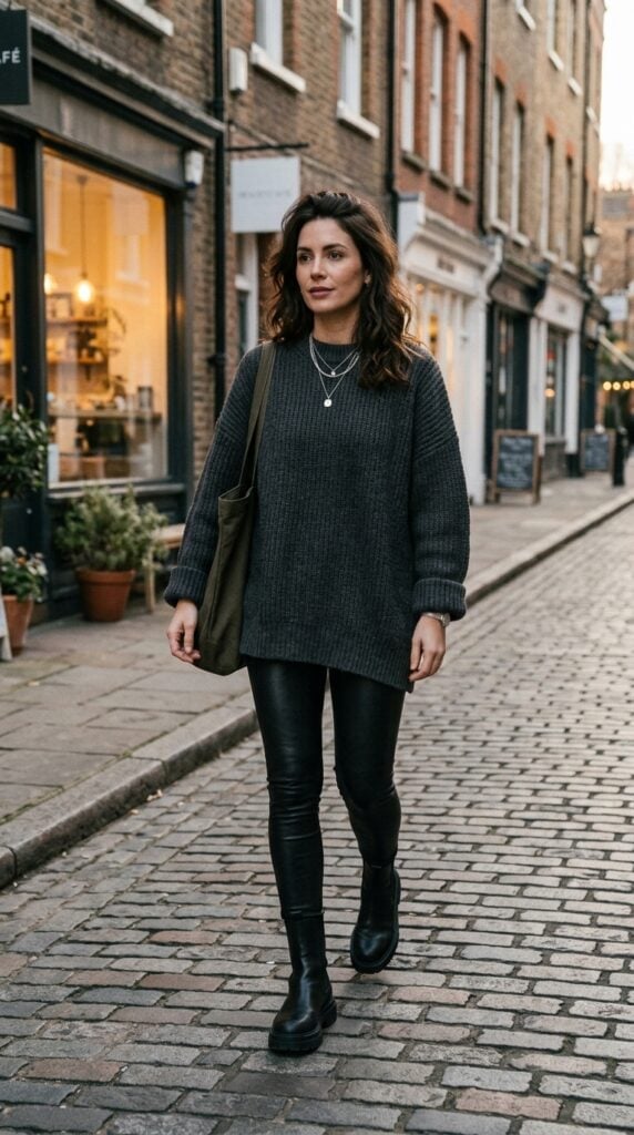 Oversized Gray Sweater and Faux Leather Leggings — Classy Dark Outfits