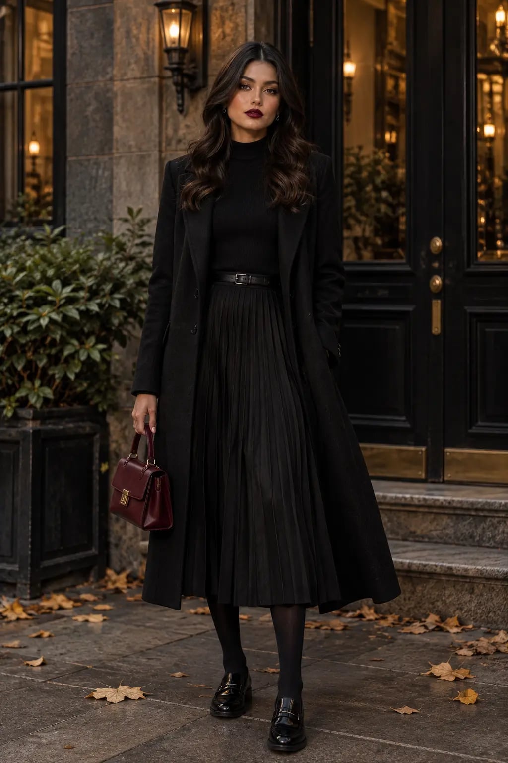Monochromatic Black Midi Skirt Outfit — Classy Dark Outfits