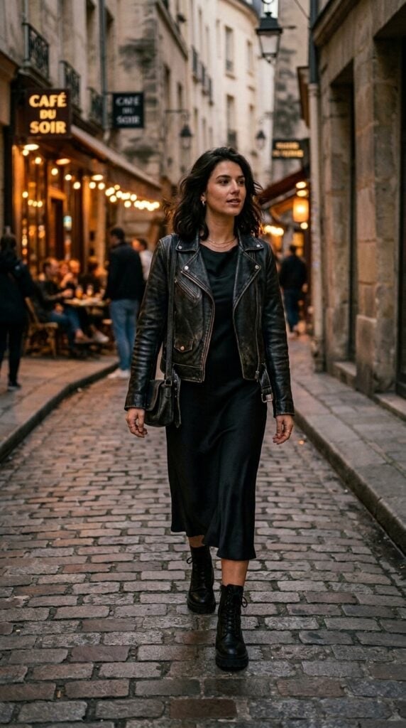Satin Slip Dress and Leather Jacket — Classy Dark Outfits