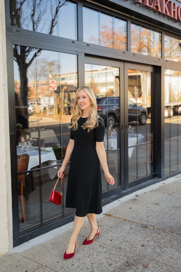 Black Midi Dress with Red Accents — Classy Dark Outfits