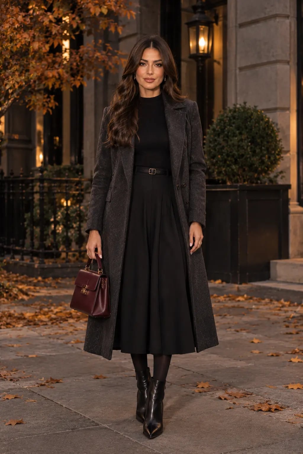 Gray Wool Coat and Flared Skirt — Classy Dark Outfits