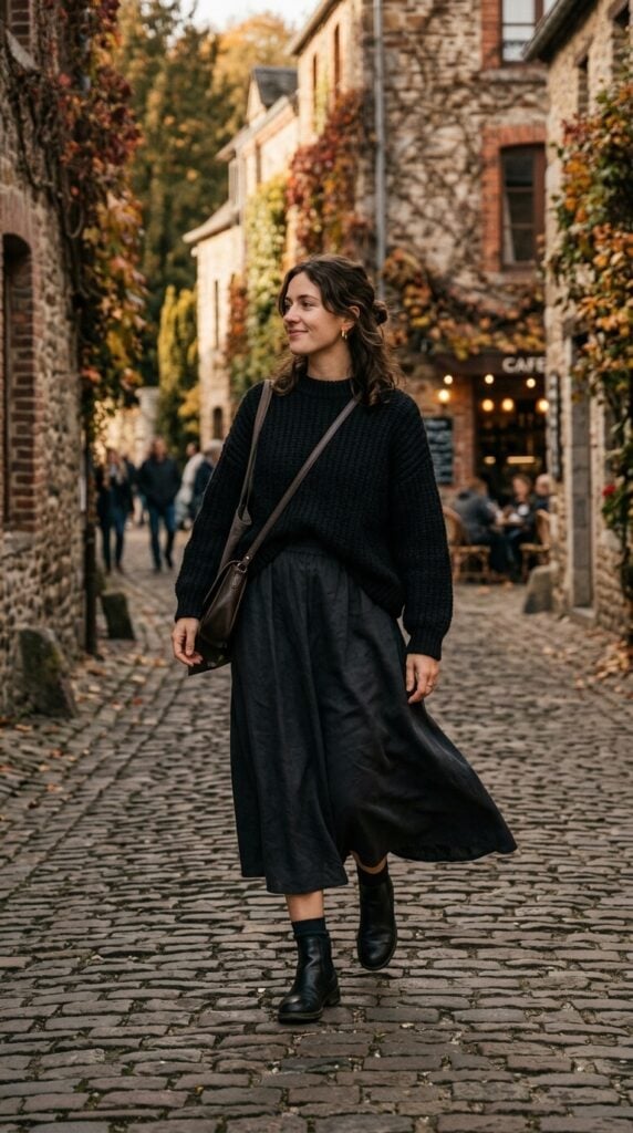 Chunky Knit Sweater and Flowy Skirt — Classy Dark Outfits