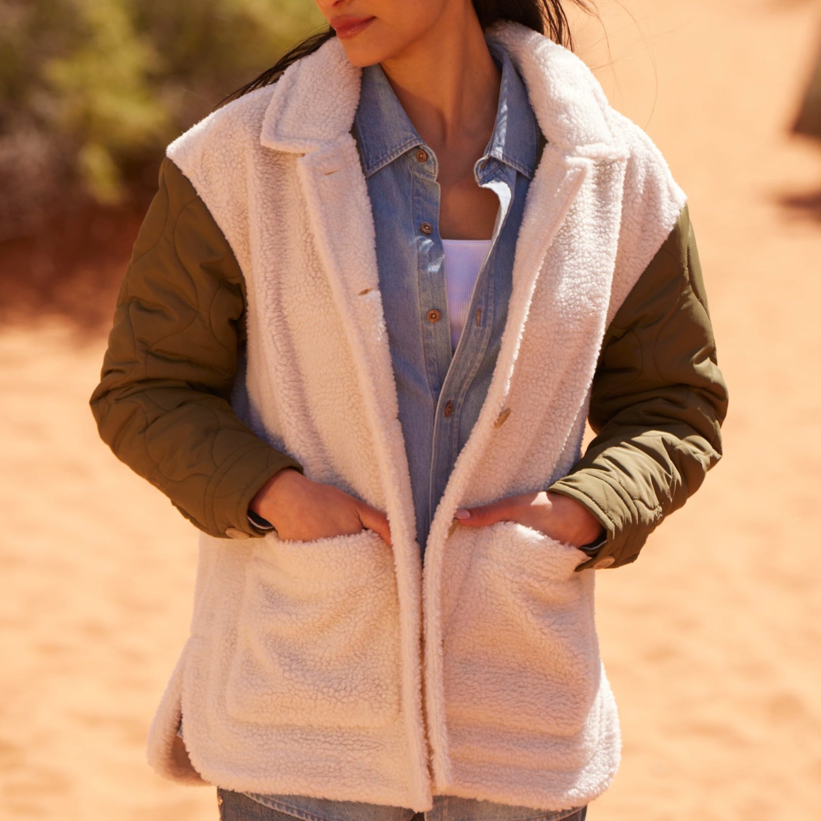 Layered White Fleece Jacket with Denim Shirt — Classy Fleece Outfits