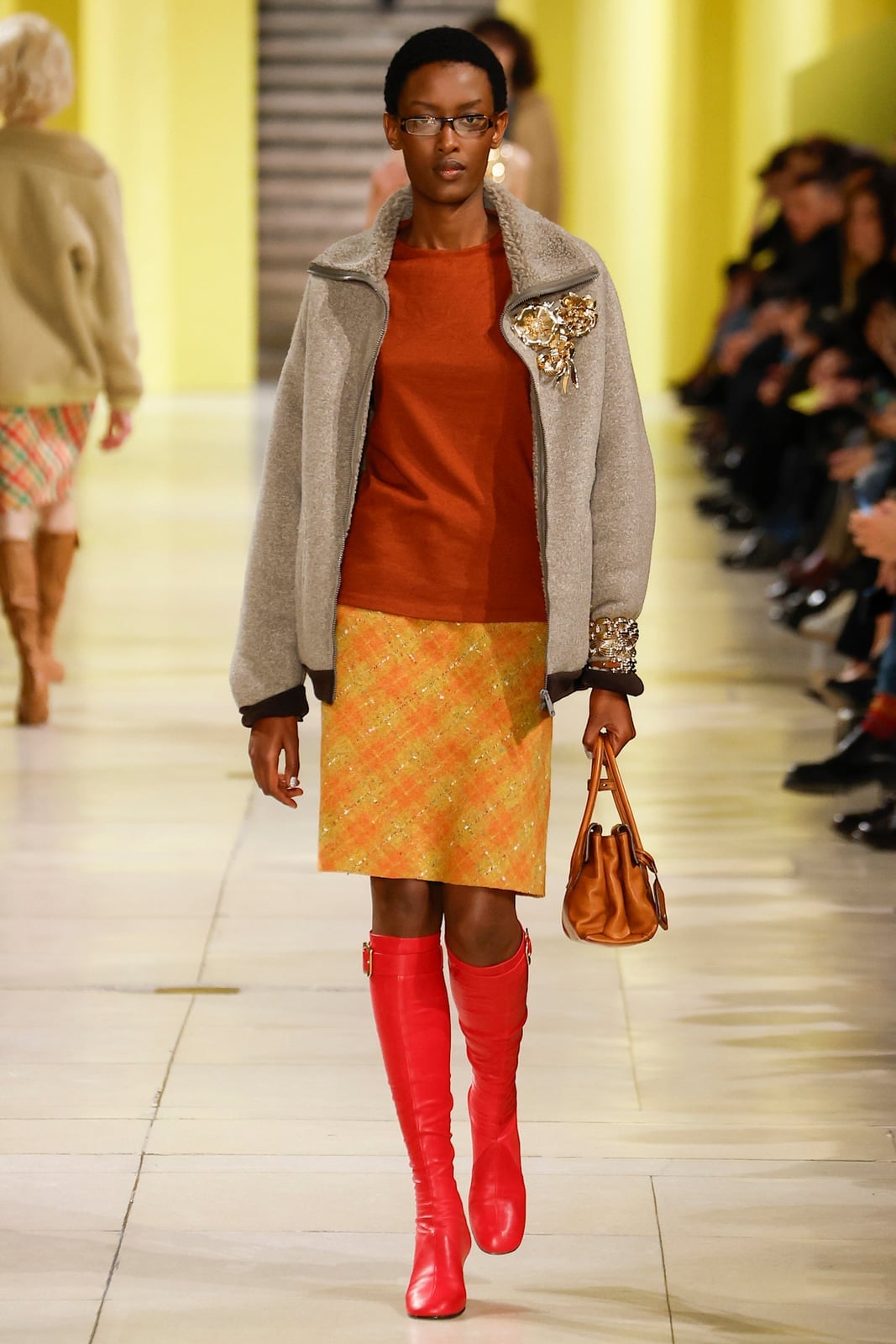 Playful Gray Fleece Jacket with Bold Skirt and Boots — Classy Fleece Outfits
