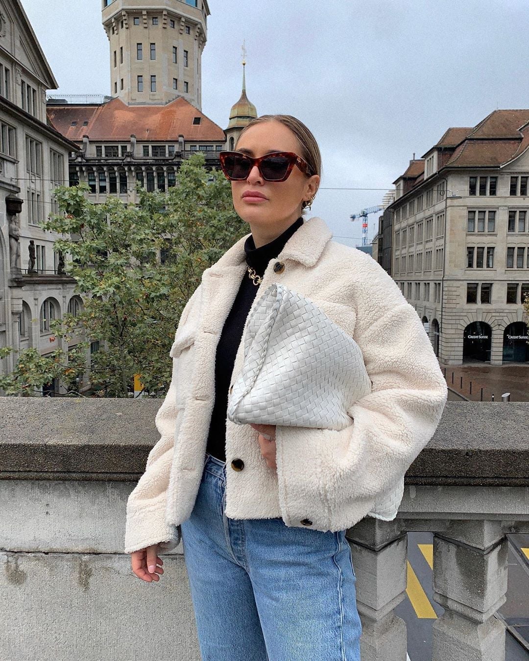 Chic Cream Teddy Fleece Jacket with Denim — Classy Fleece Outfits