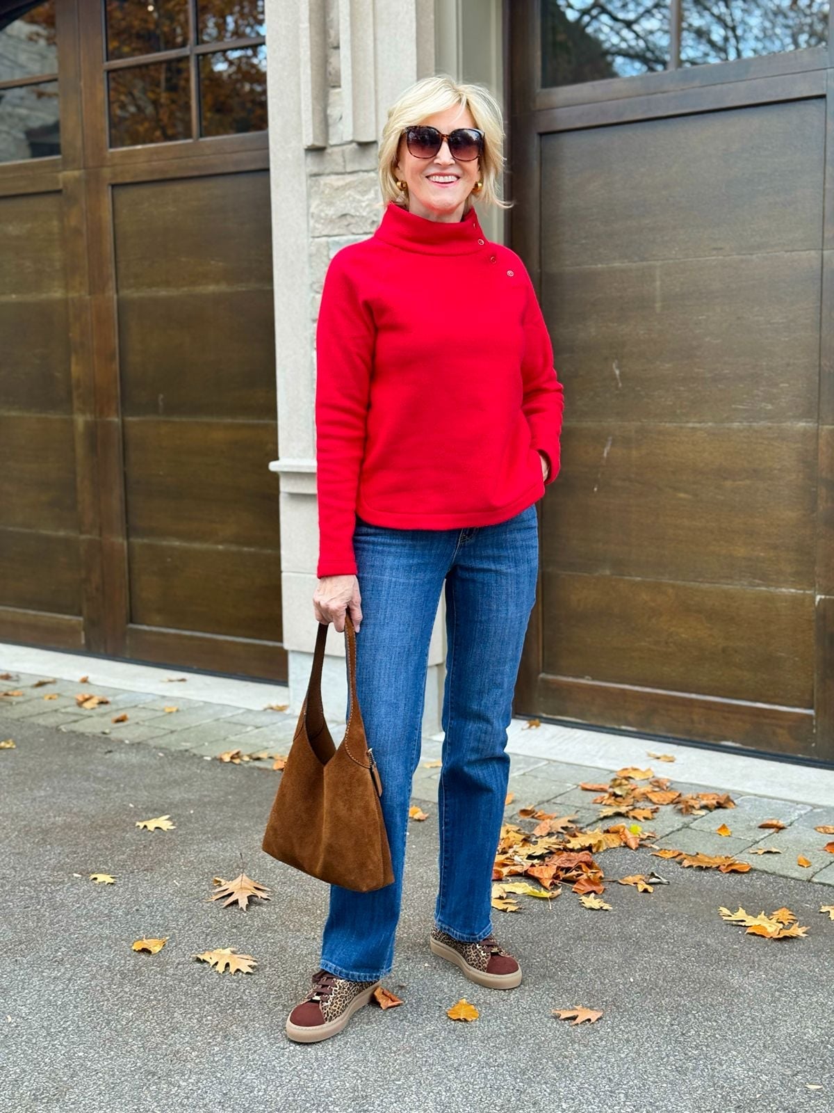 Vibrant Red Fleece Top with Denim and Sneakers — Classy Fleece Outfits