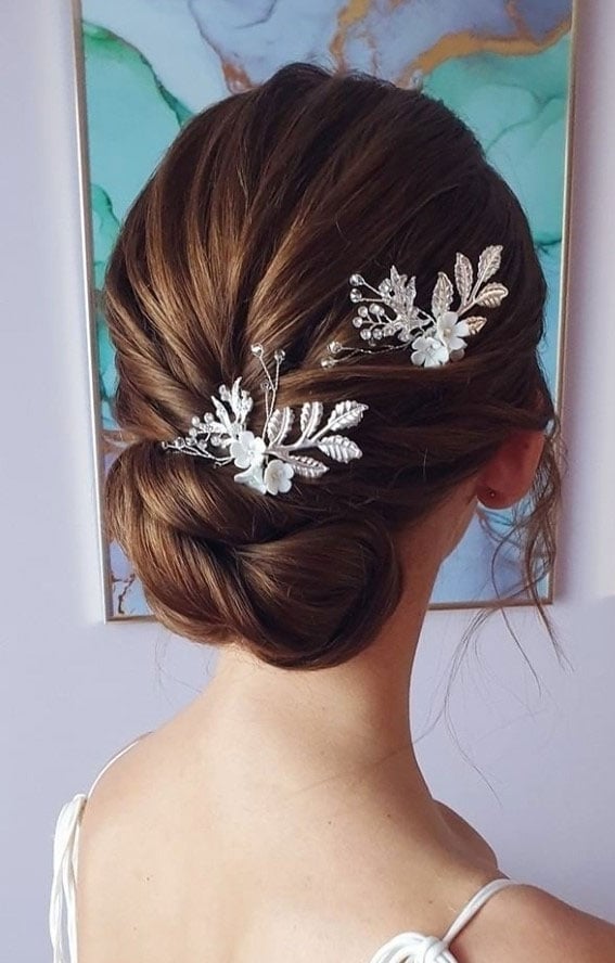 Thick Straight Dark Brown Hair Ornate Low Bun — Classy Formal Hair