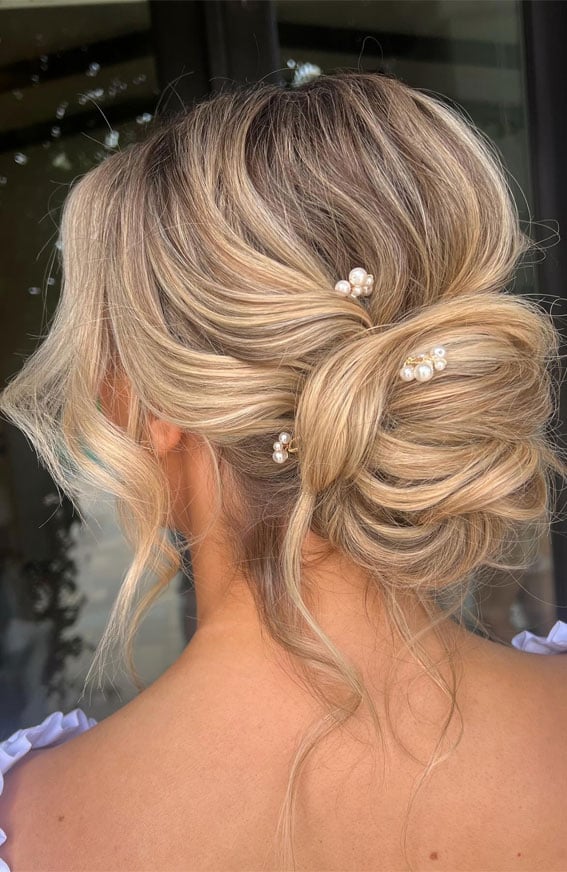 Loose Textured Updo With Wispy Bangs And Pearl Accessories — Classy Formal Hair