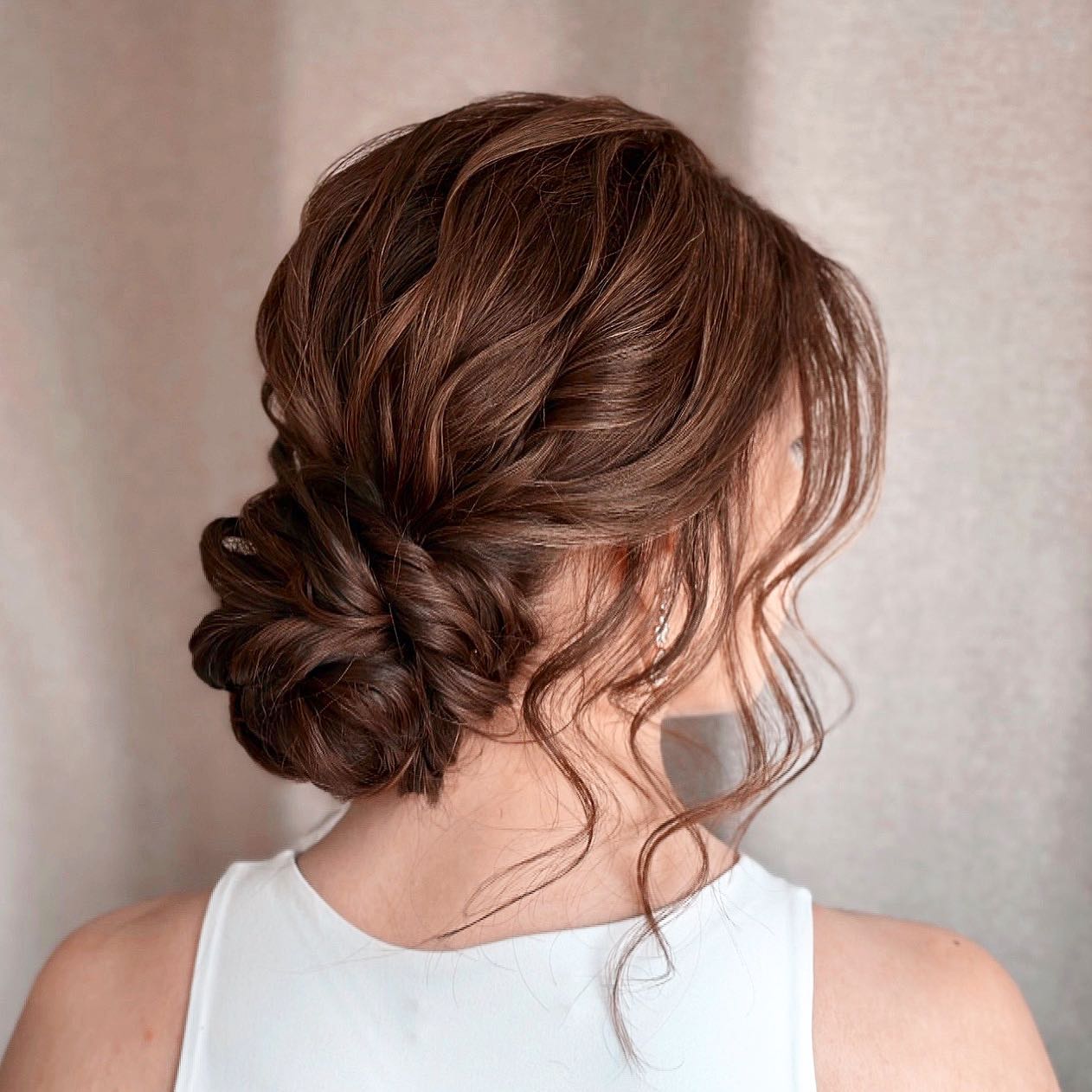 Textured Brown Low Bun With Curls — Classy Formal Updos