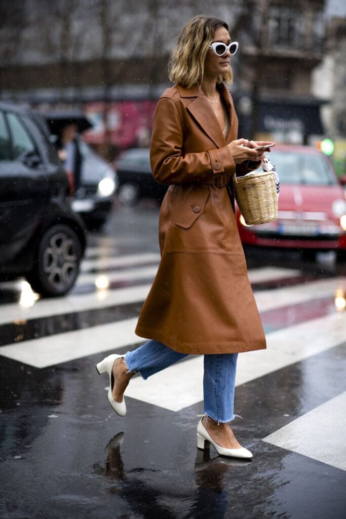Leather Trench Coat and Wide Leg Jeans — Classy French Style