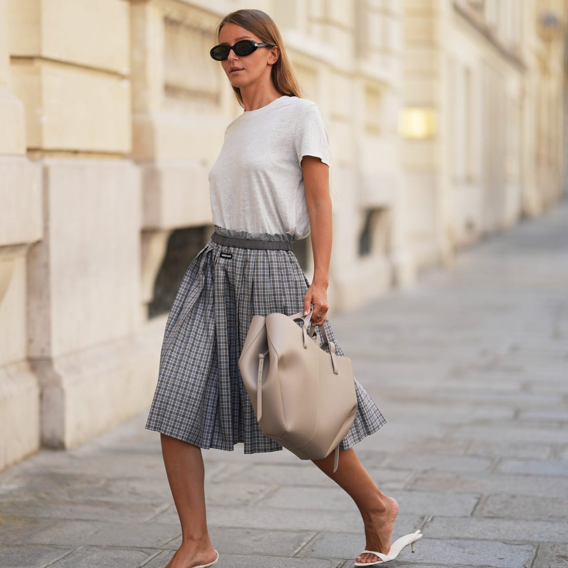 Gray T-shirt with Plaid Midi Skirt — Classy French Style