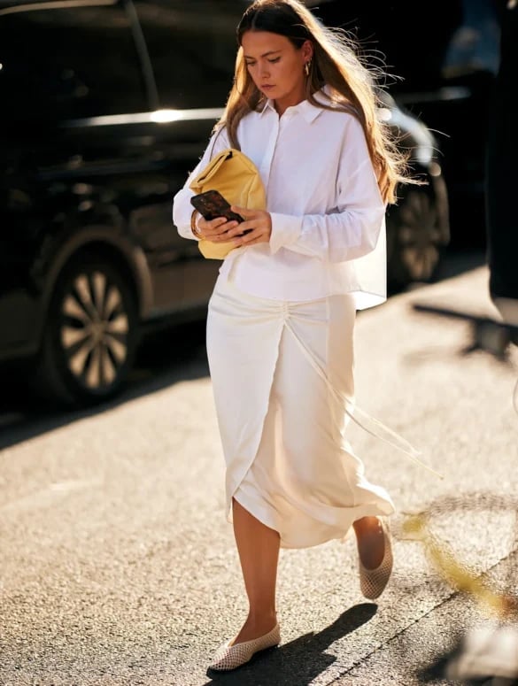 White Shirt and Draped Midi Skirt — Classy French Style