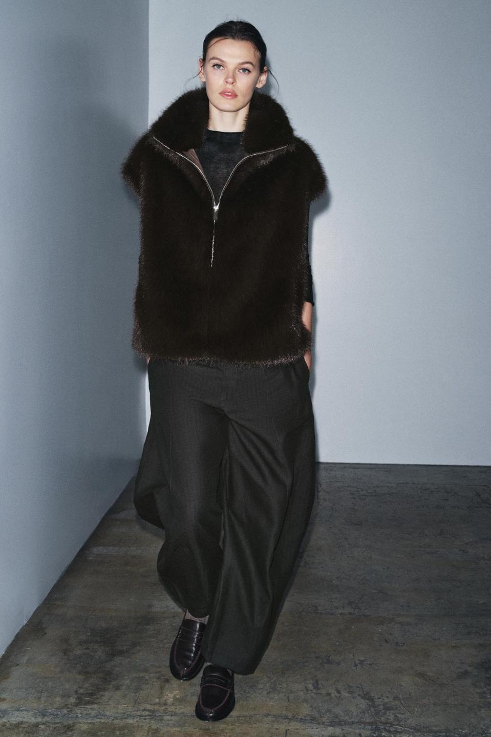 Dark Brown Fur Vest with Gray Trousers Dark Brown Fur Vest with Gray Trousers — Classy Fur Outfits