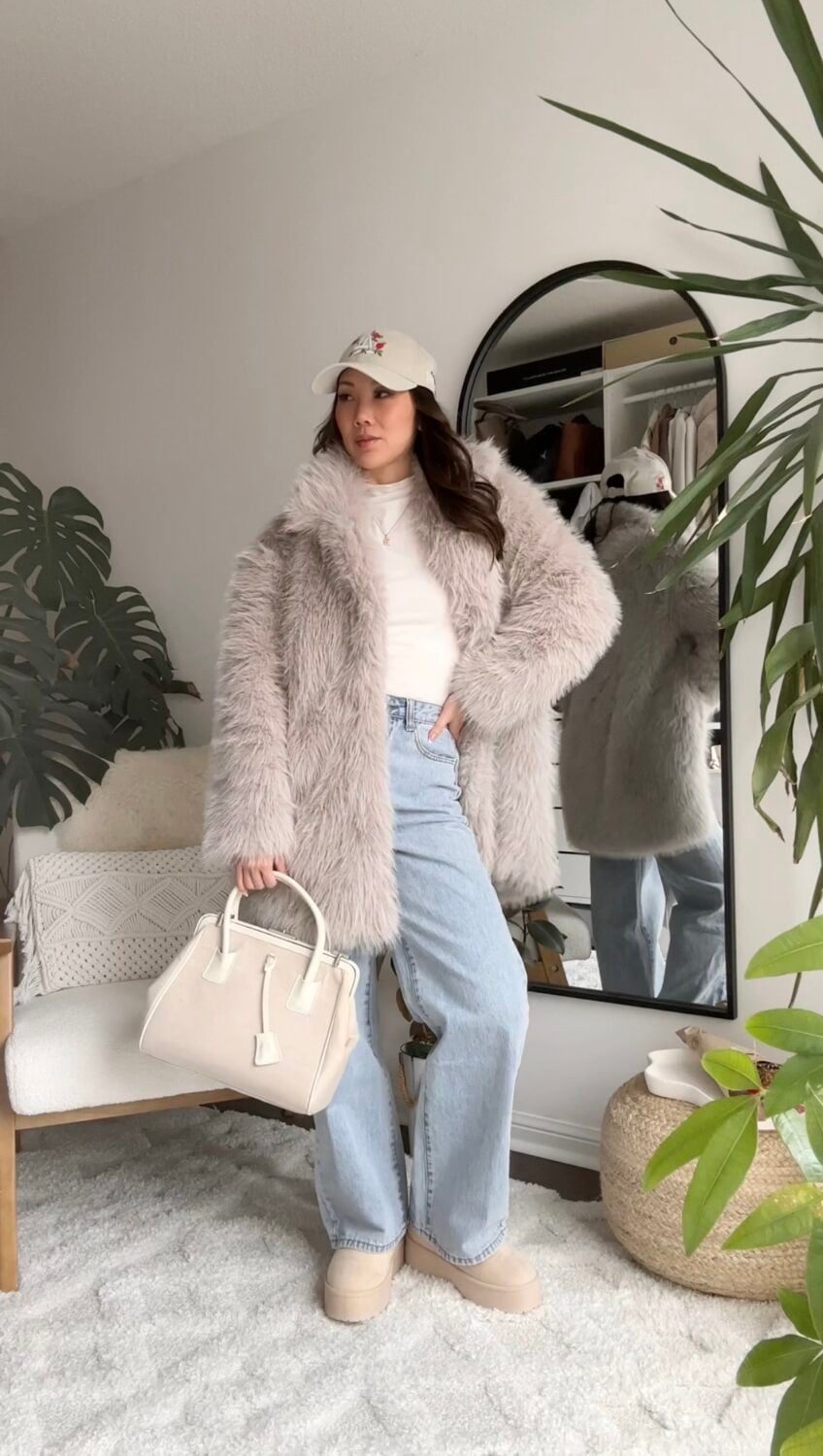 Light Gray Shaggy Fur Coat with Jeans Light Gray Shaggy Fur Coat with Jeans — Classy Fur Outfits