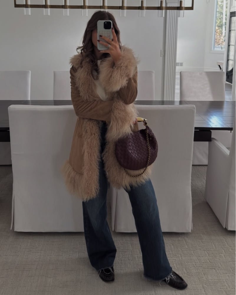 Tan Suede Shearling Coat with Jeans, Black Loafers Tan Suede Shearling Coat with Jeans, Black Loafers — Classy Fur Outfits