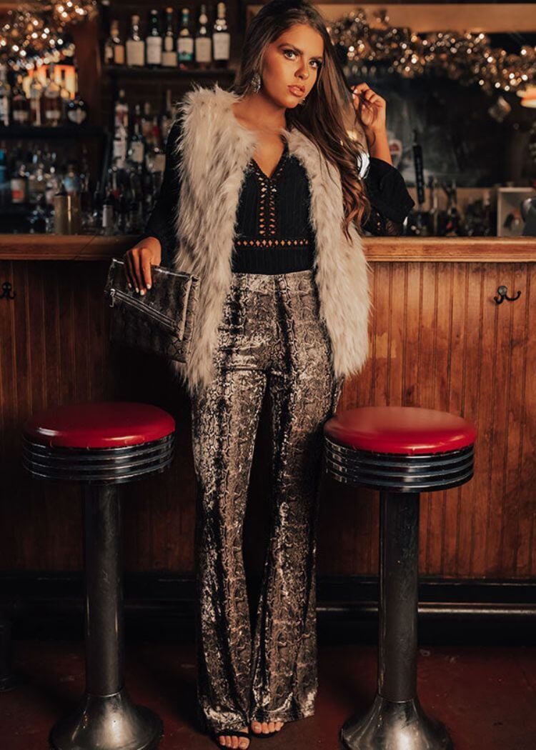Cream Faux Fur Vest with Sequined Trousers Cream Faux Fur Vest with Sequined Trousers — Classy Fur Outfits