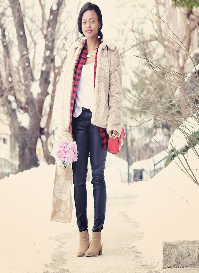 Beige Fur Coat Over Plaid Shirt Beige Fur Coat Over Plaid Shirt — Classy Fur Outfits
