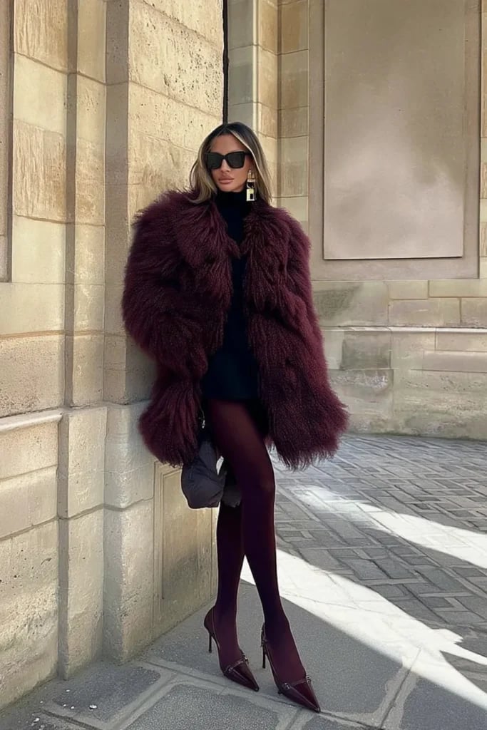 Burgundy Fur Coat Over Black Turtleneck Burgundy Fur Coat Over Black Turtleneck — Classy Fur Outfits