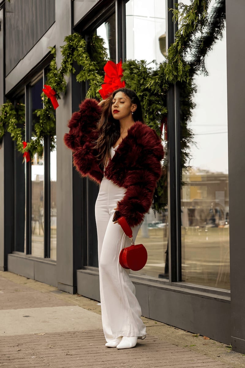 Red Faux Fur Jacket with White Jumpsuit Red Faux Fur Jacket with White Jumpsuit — Classy Fur Outfits