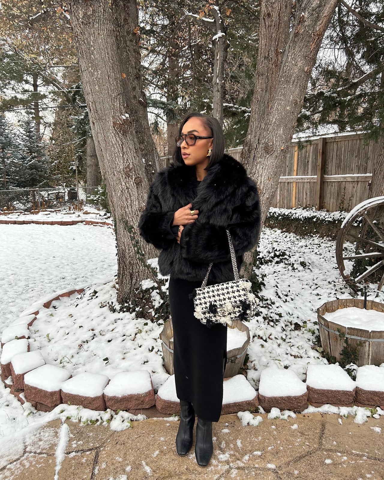 Black Fur Jacket with Fitted Dress Black Fur Jacket with Fitted Dress — Classy Fur Outfits