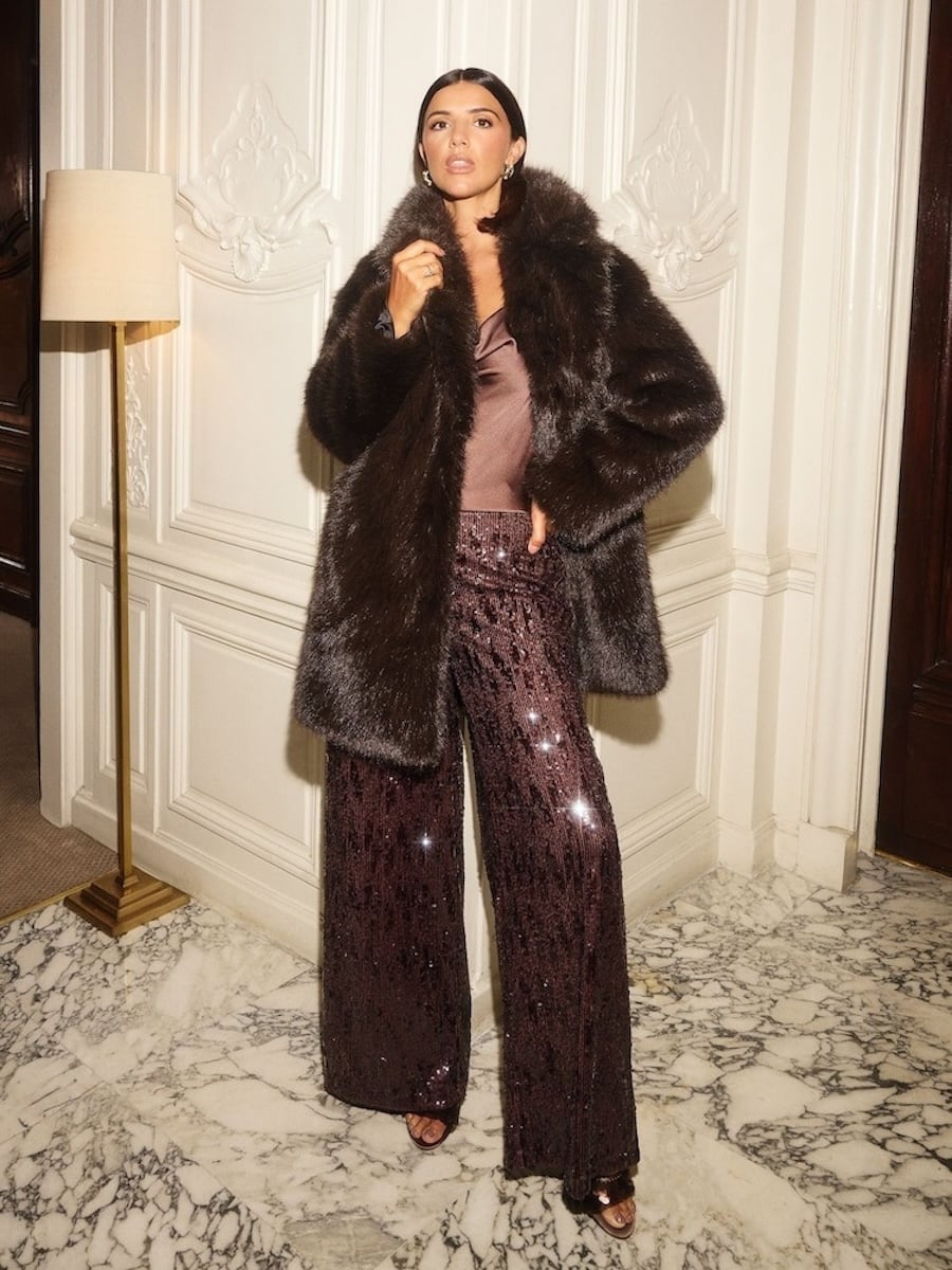 Brown Faux Fur Coat with Sequined Trousers Brown Faux Fur Coat with Sequined Trousers — Classy Fur Outfits