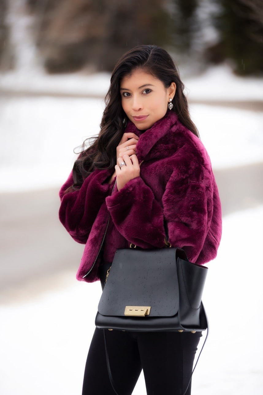 Cropped Purple Fur Jacket with Leggings Cropped Purple Fur Jacket with Leggings — Classy Fur Outfits