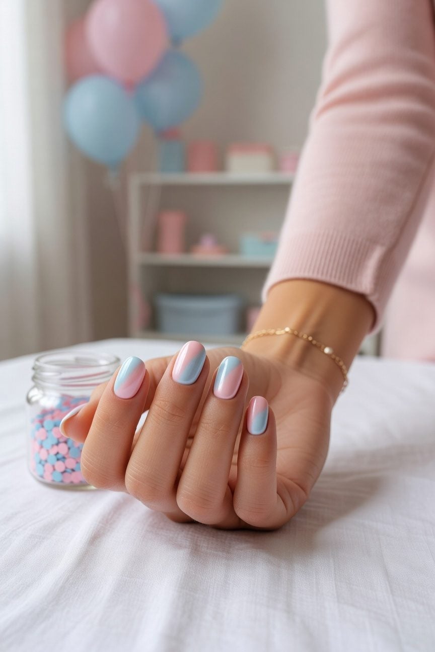 Glossy Pink to Baby Blue Ombre Short Oval Nails — Classy Gender Reveal Nails