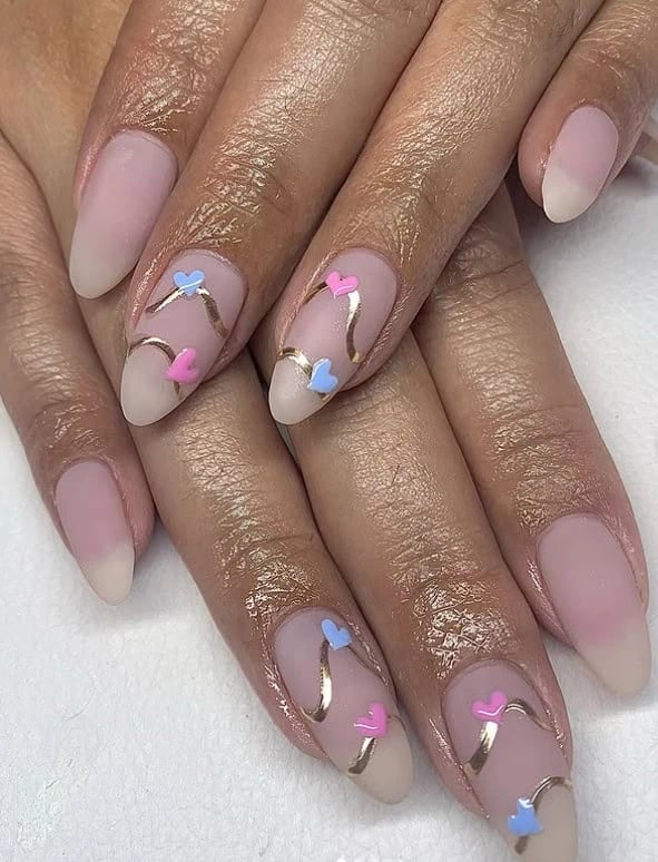 Medium Almond Nails with Gold Ribbon and Hearts — Classy Gender Reveal Nails