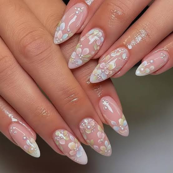 Medium Almond Nails with Floral Pearls and Shimmer — Classy Gender Reveal Nails