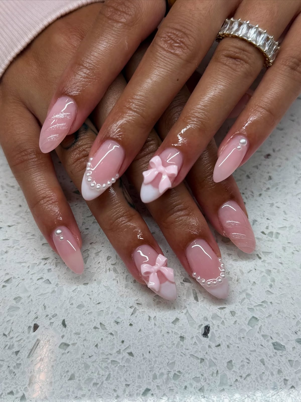 Medium Almond French Tips with Pearls and Bows — Classy Gender Reveal Nails