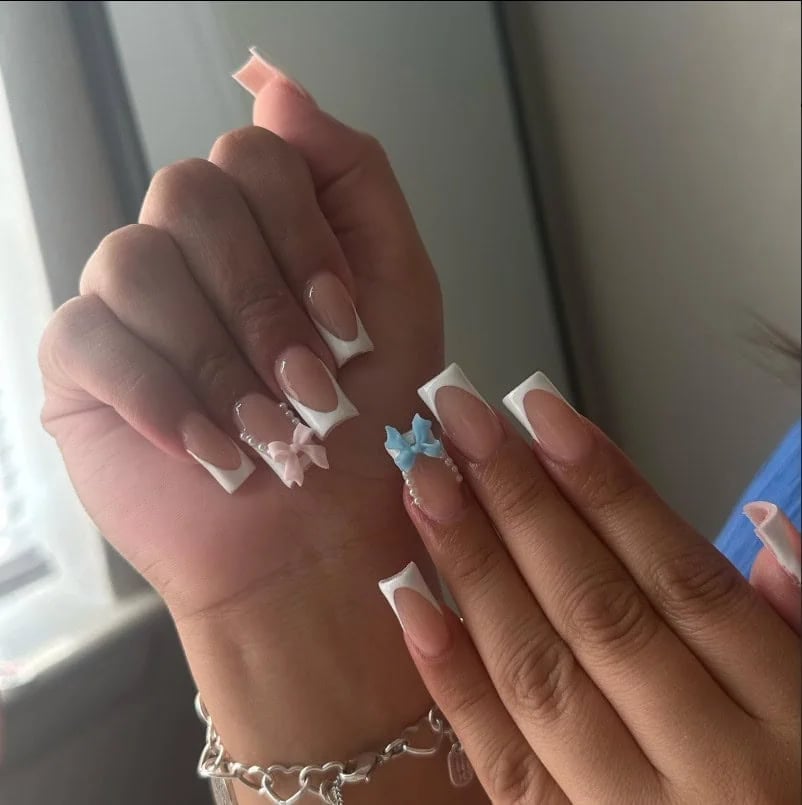 Medium Square French Manicure with 3D Bows — Classy Gender Reveal Nails