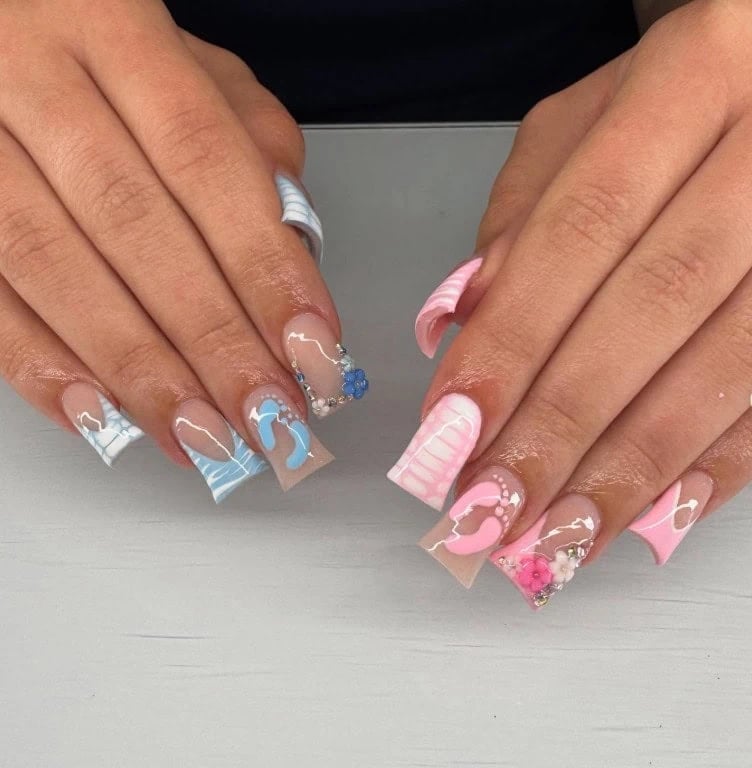 Long Square Nails with 3D Footprints and Charms — Classy Gender Reveal Nails