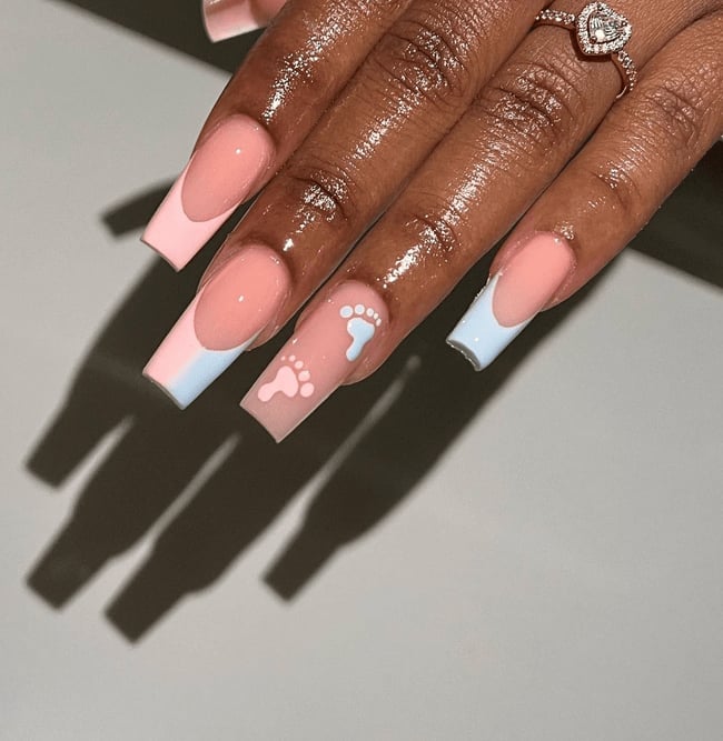 Long Square French Tips with Baby Footprints — Classy Gender Reveal Nails