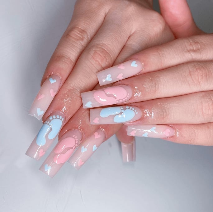 Extra Long Square Nails with Baby Footprints and Hearts — Classy Gender Reveal Nails