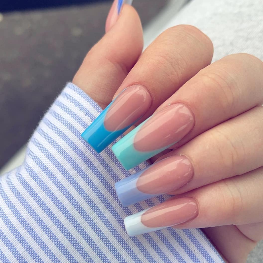 Long Square Color Block French Tips — Classy Gender Reveal Nails