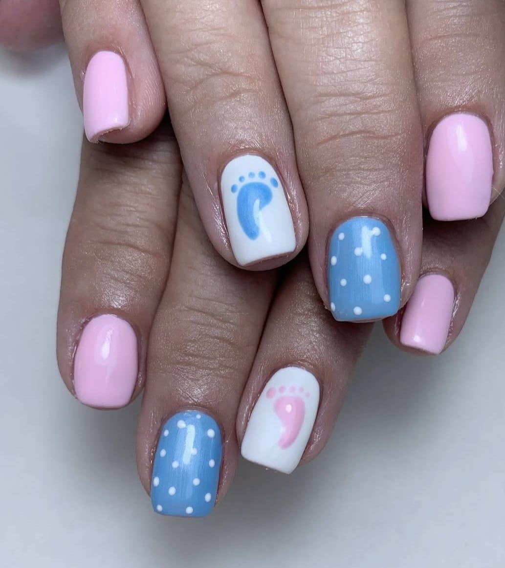Long Coffin Nails with Blue Hearts — Classy Gender Reveal Nails