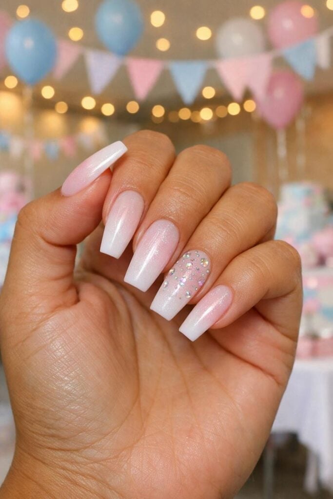 Long Coffin Ombre Nails with Rhinestone Accent — Classy Gender Reveal Nails