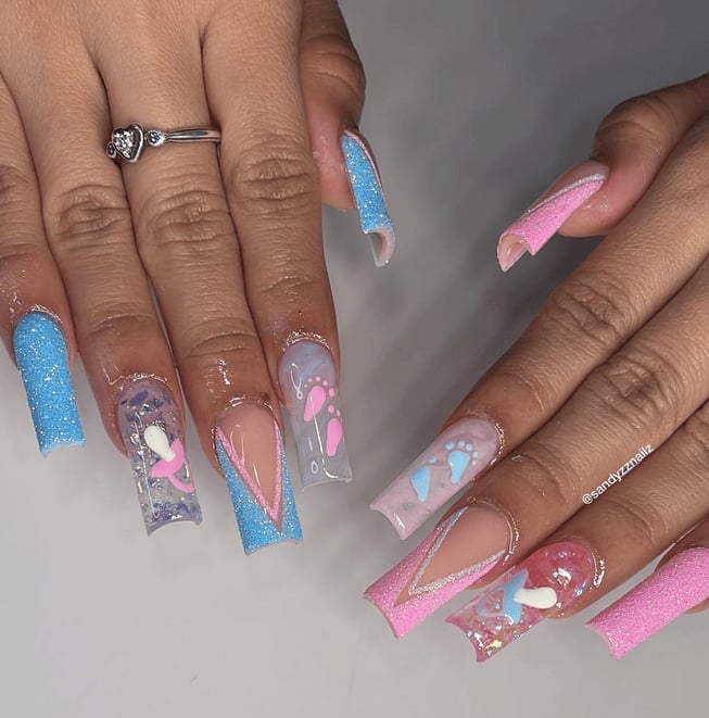 Extra Long Coffin Nails with Glitter and Footprints — Classy Gender Reveal Nails