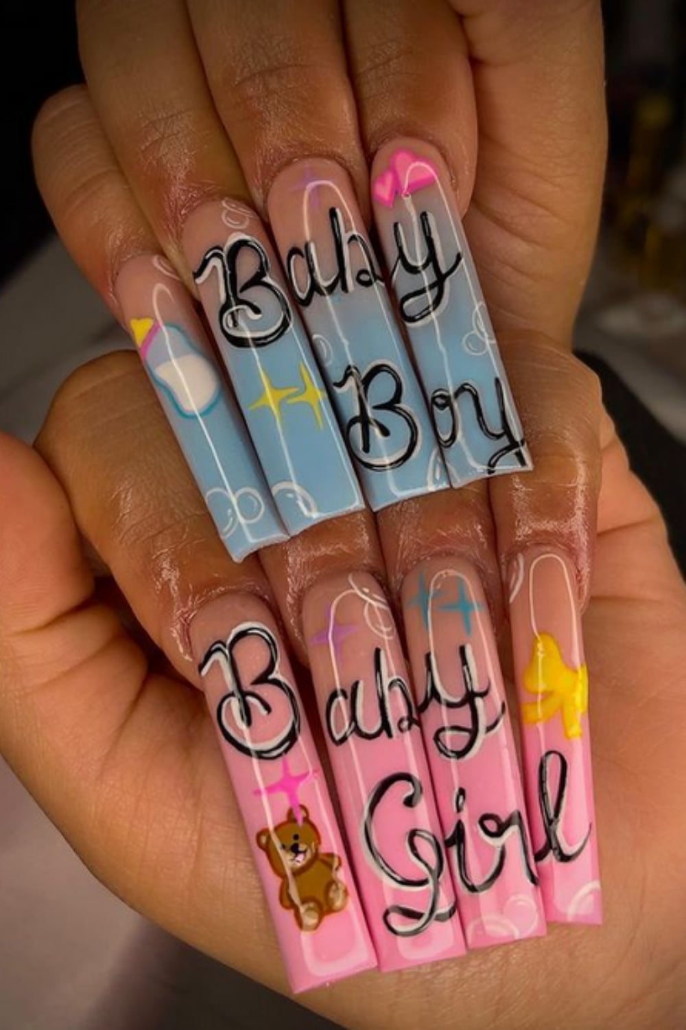 Extra Long Coffin Nails with Explicit Gender Text — Classy Gender Reveal Nails