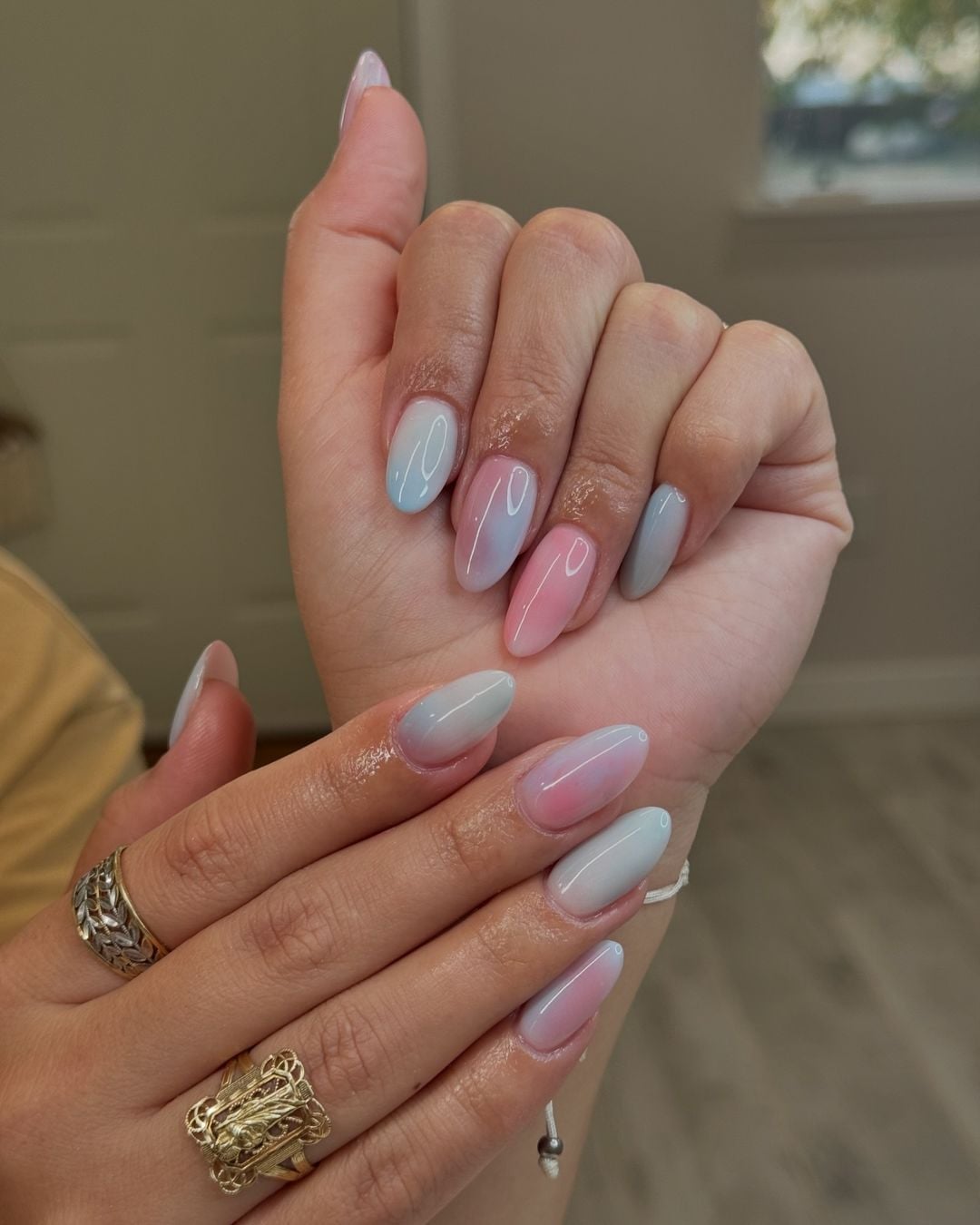 Medium Oval Ombre Nails in Pink Blue Gray — Classy Gender Reveal Nails